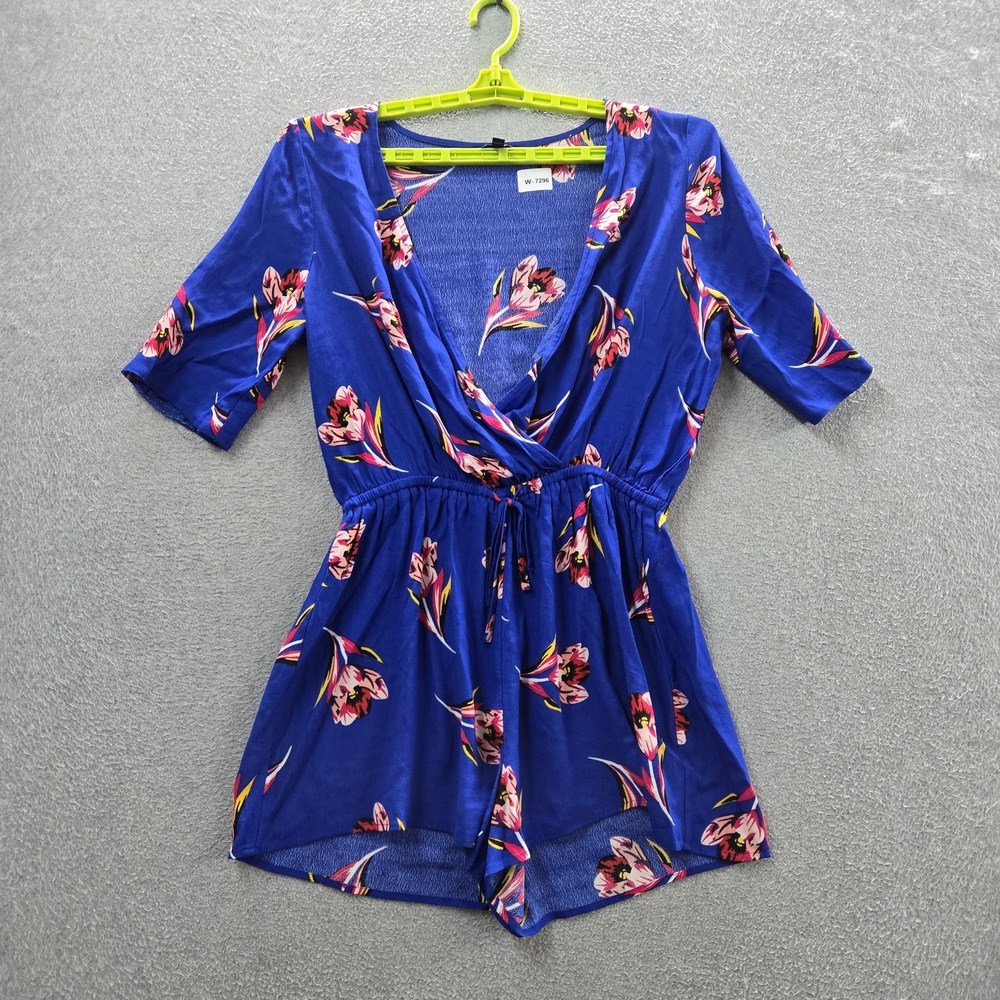 Express Women Romper M Blue Floral Garden Party 3" Short Sleeve